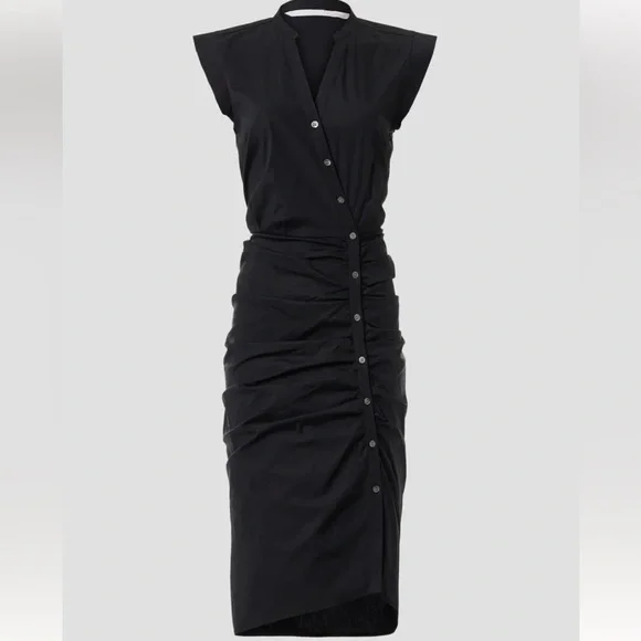 Veronica Beard Black Ruched Assymetric Button Shirtdress - Picture 2 of 12